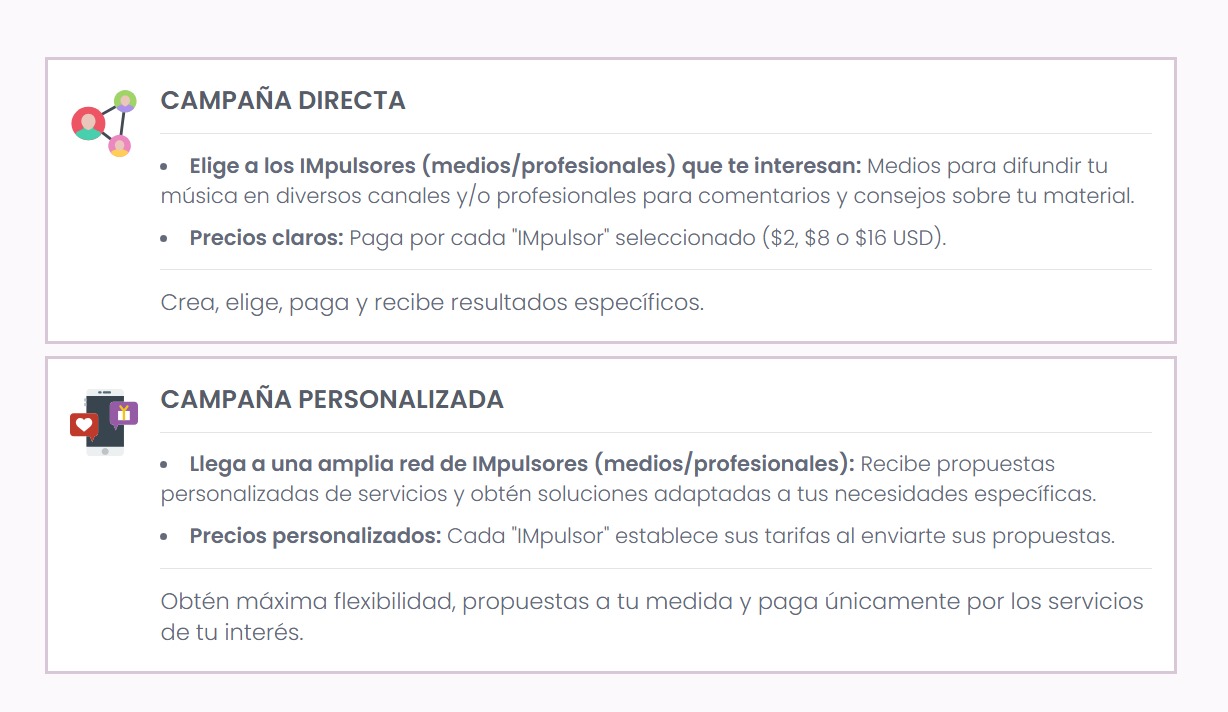 Opciones de campaña directa y campaña personalizada en IM